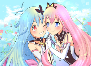 Anime girls hugging butterfly blue - cloud behind them free wallpaper for desktop