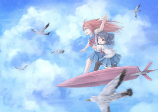 Girl bird flying sky surfboard - back free wallpaper