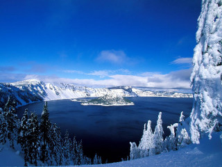Lake snowy trees mountains blue 2 - a blue sky above free wallpaper