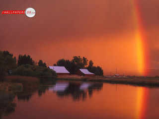Rainbow lake barn red sky - over a lake free wallpaper
