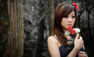 Woman holding flower forest trees - chen lin free wallpaper