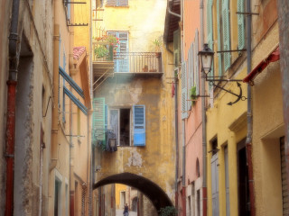 Narrow alleyway person walking building 3 - impressionist painting free wallpaper