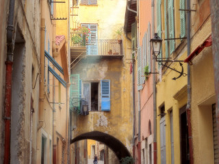 Narrow alleyway person walking building 4 - impressionist painting free wallpaper
