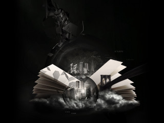 Flying book city lightbulb background - floating free wallpaper