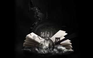 Flying book black background building 2 - abstract illusionism free wallpaper for desktop