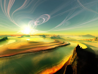 Psychedelic landscape river sunset mountains - a sun in the distance free wallpaper