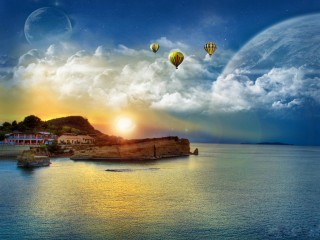Sunset hotairballoons water town magicrealism - hot free wallpaper