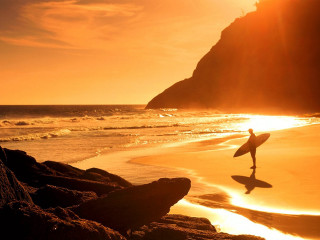 Person holding surfboard beach sunset 4 - the background and a rock free wallpaper