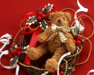 Teddy bear basket bow ribbon - ornamental free wallpaper