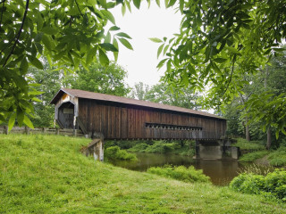 Covered bridge river wooded trees 2 - western free wallpaper