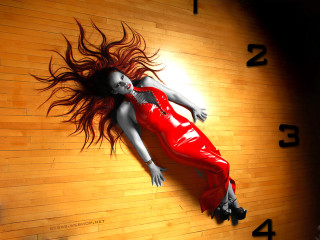 Woman red dress wooden floor - transgressive art free wallpaper