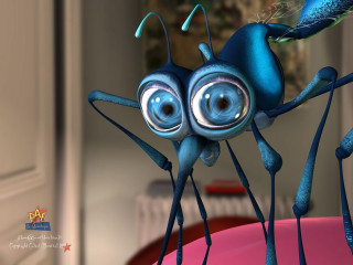 Blue cartoon character big eyes - a pink surface free wallpaper