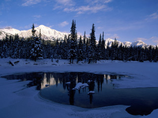 Pond snowy trees mountain blue - a pond free wallpaper for desktop