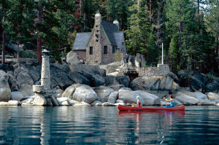 Man woman canoe lake house 2 - kinkade free wallpaper