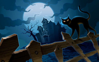 Black cat fence full moon 2 - a black cat free wallpaper
