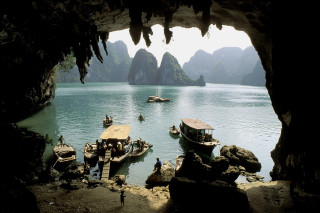 Boats lake mountains rocks people 2 - bob ross free wallpaper