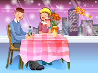 Man woman table wine bottle - flower in front free wallpaper