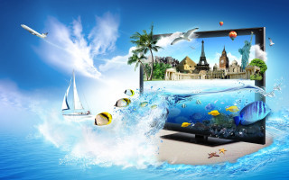 Tropical island boat city water - a tv screen free wallpaper