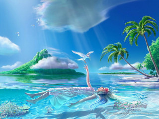 Woman floating ocean bird flying - dreamlike free wallpaper for desktop
