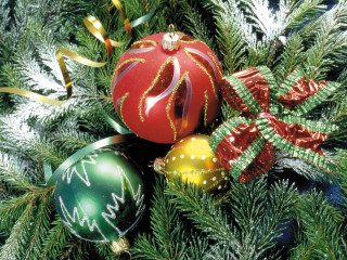 Christmas ornaments tree branch ribbons 2 - top of a tree branch free wallpaper