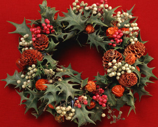 Holly berries pinecones christmas wreath - a red background behind free wallpaper
