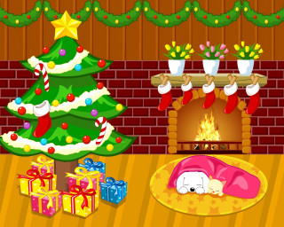 Christmas tree fireplace presents reindeer - stocking free wallpaper