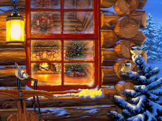 Cabin window guitar snowy landscape 2 - kinkade free wallpaper