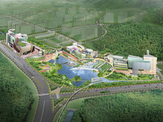 Large building trees river road - isometric free wallpaper