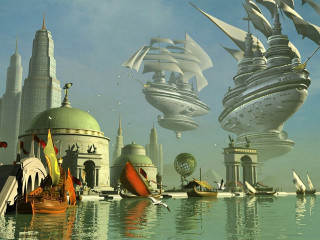 Boats lake cityscape airship bridge - a group of boats free wallpaper
