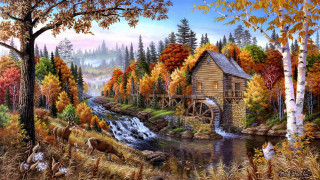 Cabin woods stream deer autumn - a deer free wallpaper