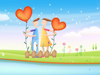 Couple heart balloons field lake - free valentines wallpaper