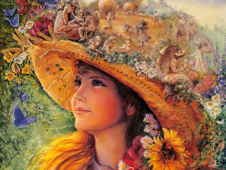 Woman yellow hat flowers painting - other flower free wallpaper