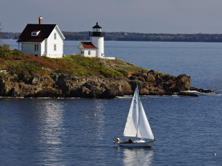 Sailboat lighthouse rockyisland beautifulscenery precisionism - a sailboat free wallpaper