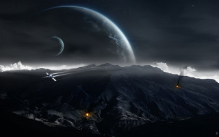Space station mountain range night 5 - a distant planet in the background free wallpaper