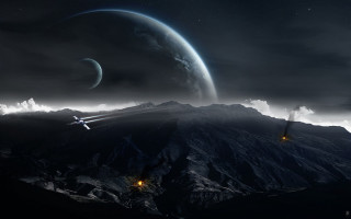 Space station mountain range night 6 - a distant planet in the background free wallpaper
