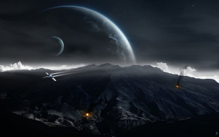 Space station mountain range night - a distant planet in the background free wallpaper