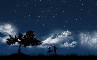 Couple under tree night sky - kitsch movement free wallpaper