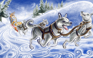 Dog sled three dogs riding - storybook illustration free wallpaper for desktop