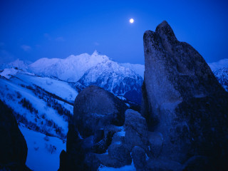 Full moon snowy mountains night 2 - rock and boulders free wallpaper
