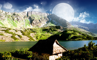 Mountain house full moon lake - a lake below free wallpaper for desktop