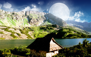 House mountains full moon lake 2 - the mountain free wallpaper