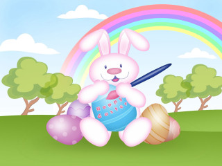 Bunny basket eggs rainbow field - a bunny free wallpaper