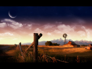 Rural barn windmill full moon 3 - david martin free wallpaper