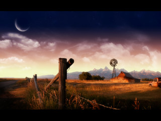 Rural barn windmill full moon 2 - cinematic matte painting free wallpaper