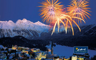 Fireworks town mountains blue sky 2 - a firework free wallpaper