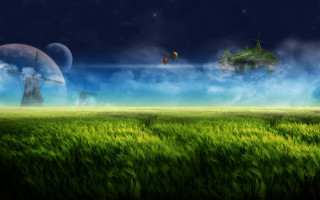 Green field windmill distant blue - sci fi fantasy free wallpaper