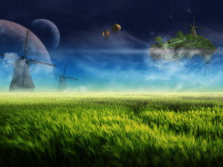 Fantasy greenfield windmills clouds stars - a green field free wallpaper