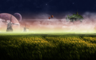 Windmill field grass sky clouds - matte fantasy painting free wallpaper for desktop