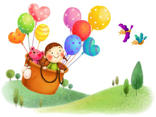 Child basket balloons sky hill - free happy birthday wallpaper