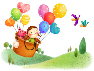Girl basket balloons flying sky 2 - free happy birthday wallpaper